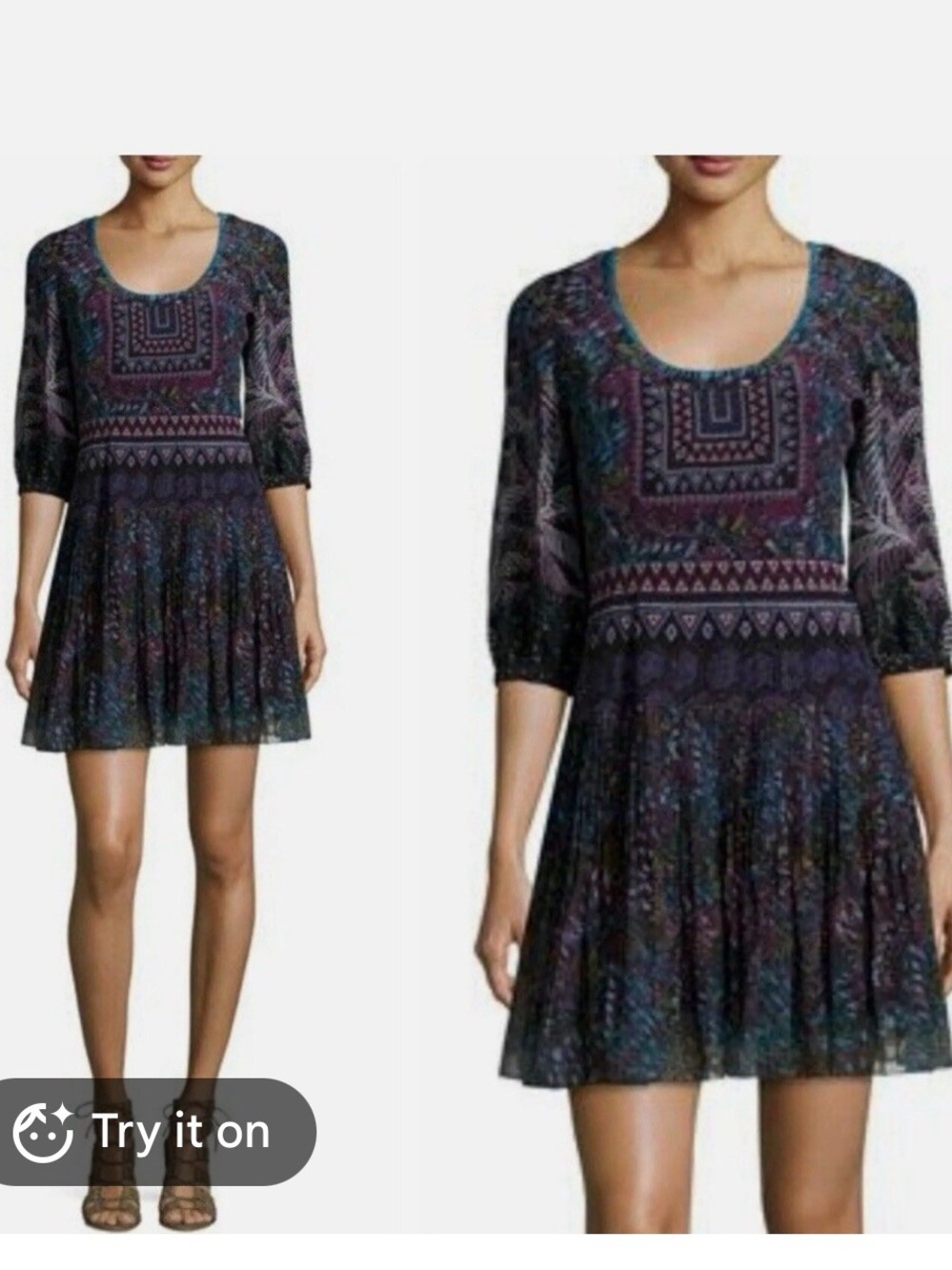 🔥 SALONI Women’s Scoop Neck Printed Fit-and-Flare Dress in Multi-Color US8 EUC